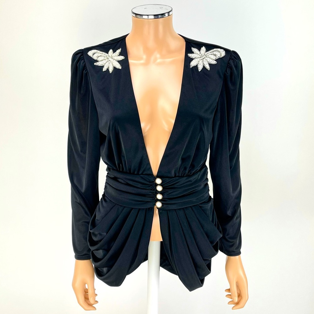 FILIGREE vintage evening blouse SIZE 8 black pearl epaulettes buttons top